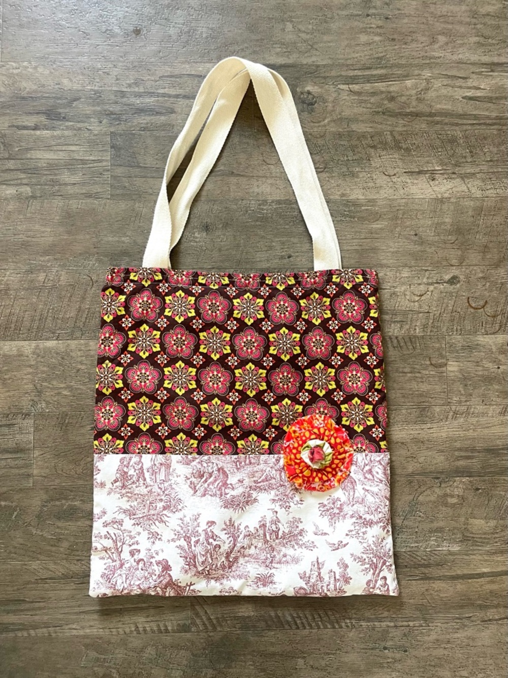 Lula Bells Tote Canvas w Red Toile Pastoral Scene & Fabric Rosette 17x18